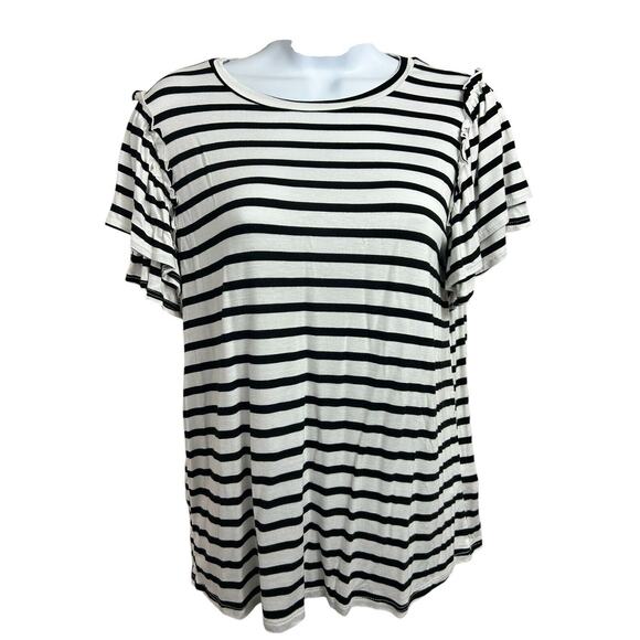 Green Envelope Black and White Striped Blouse Sz Small Flutter Short Sleeve Top - Picture 2 of 8